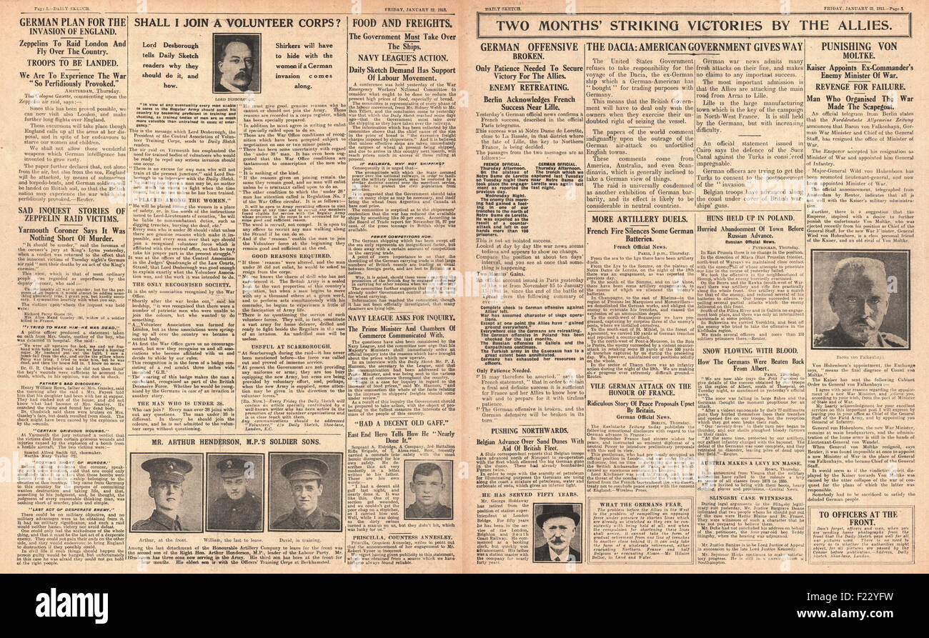 1915 Daily Sketch Zeppeline und Invasion Englands Stockfoto