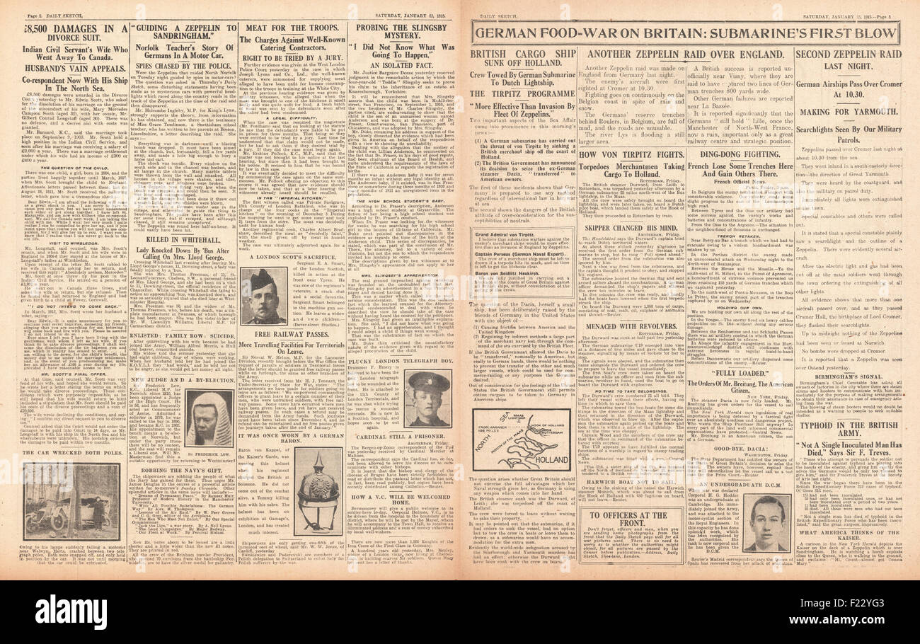 1915 Daily Sketch deutsches U-Boot versenkt britisches Frachtschiff Stockfoto