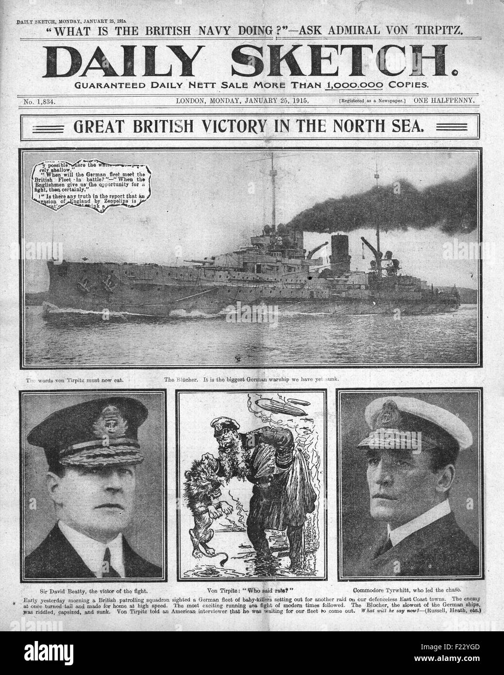 1915 Daily Sketch Versenkung des deutschen Kreuzfahrtschiffes SMS Blücher Stockfoto