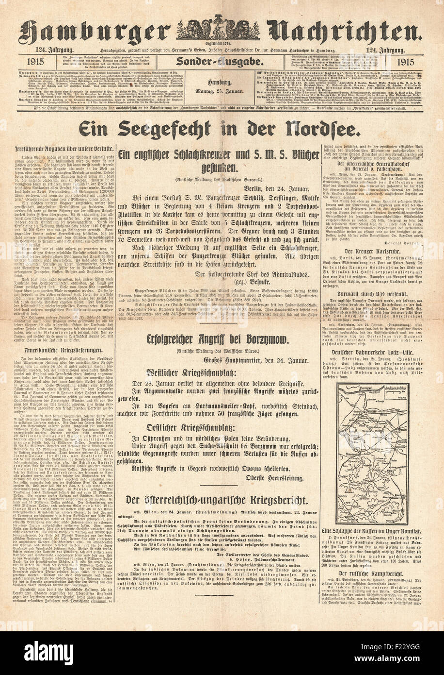 1915 Hamburger Nachrichten Versenkung des deutschen Kreuzfahrtschiffes SMS Blücher Stockfoto