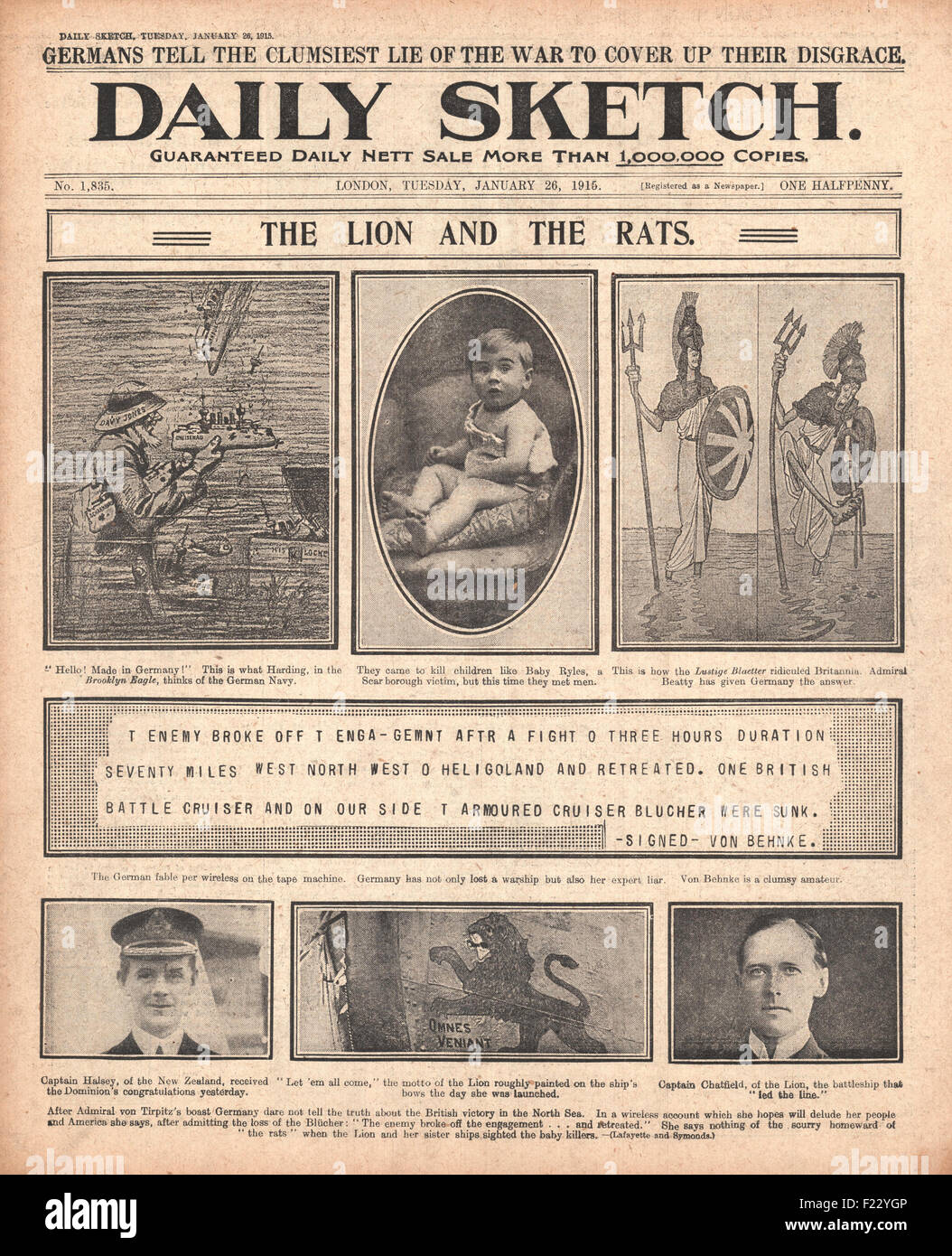 1915 Daily Sketch Versenkung des deutschen Kreuzfahrtschiffes SMS Blücher Stockfoto