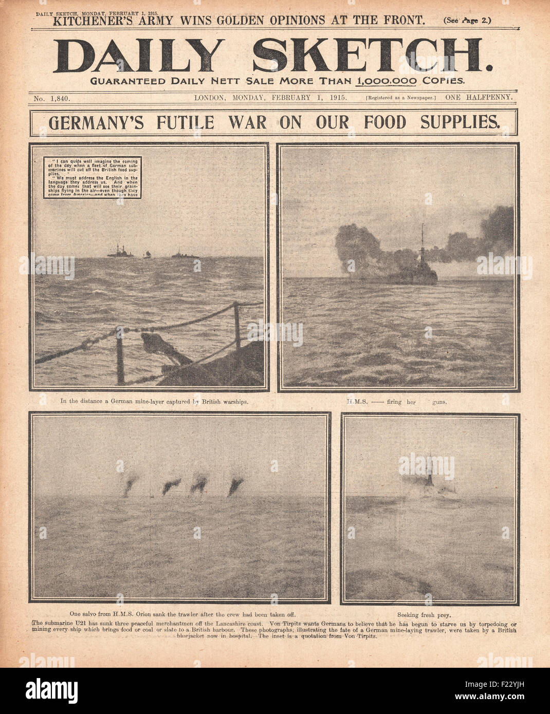 1915 Daily Sketch Deutsche U-21 versenkt drei Schiffe Irische See Stockfoto