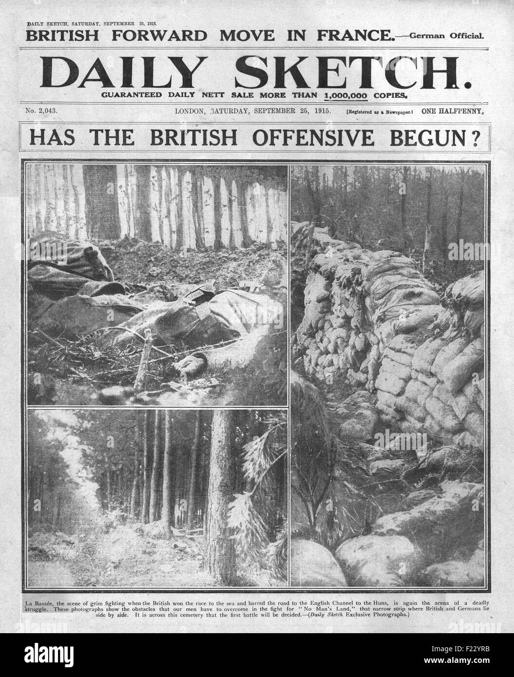 1915 Daily Sketch Tote Soldaten und Graben in No man's Land Stockfoto