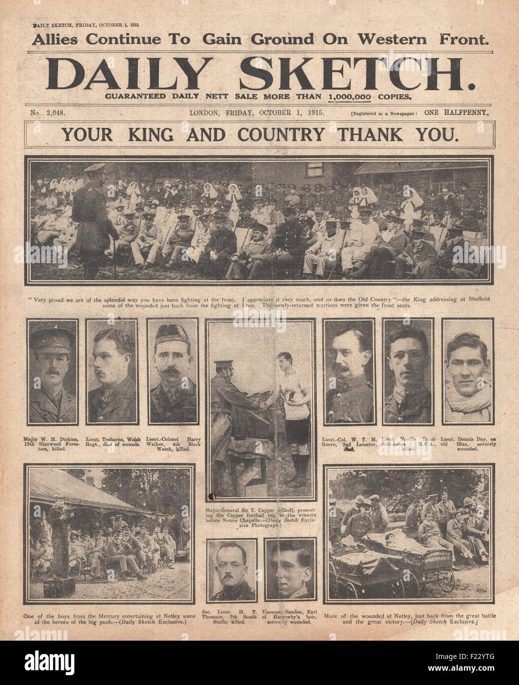 1915 Daily Sketch König George V Adressierung verwundeten Soldaten in Sheffield Stockfoto