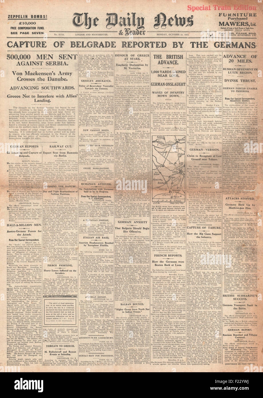 1915 Daily News Deutsche Armee erobern Belgrad Stockfoto