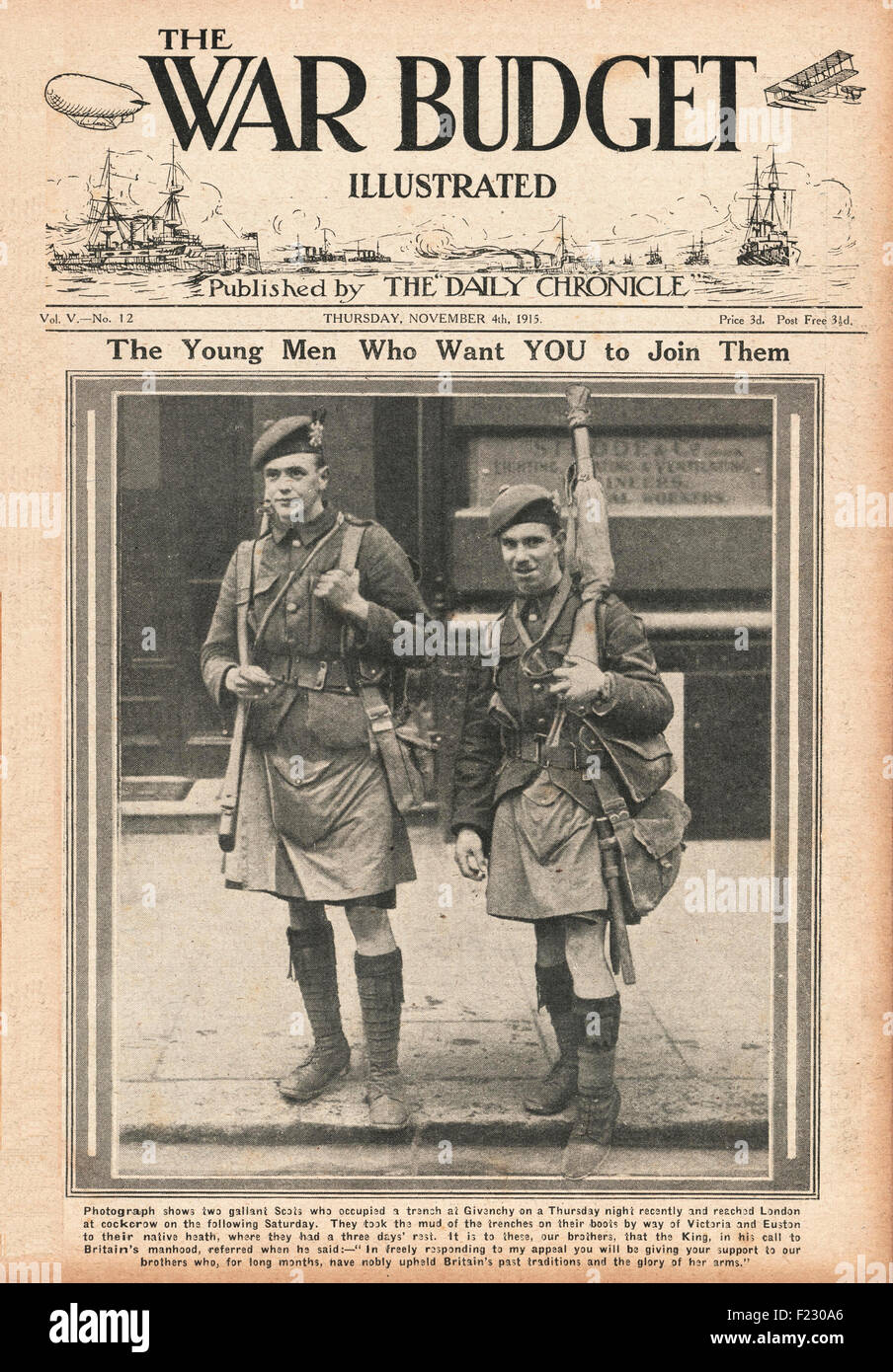 1915 Kriegsbudget zwei schottische Soldaten in London Stockfoto