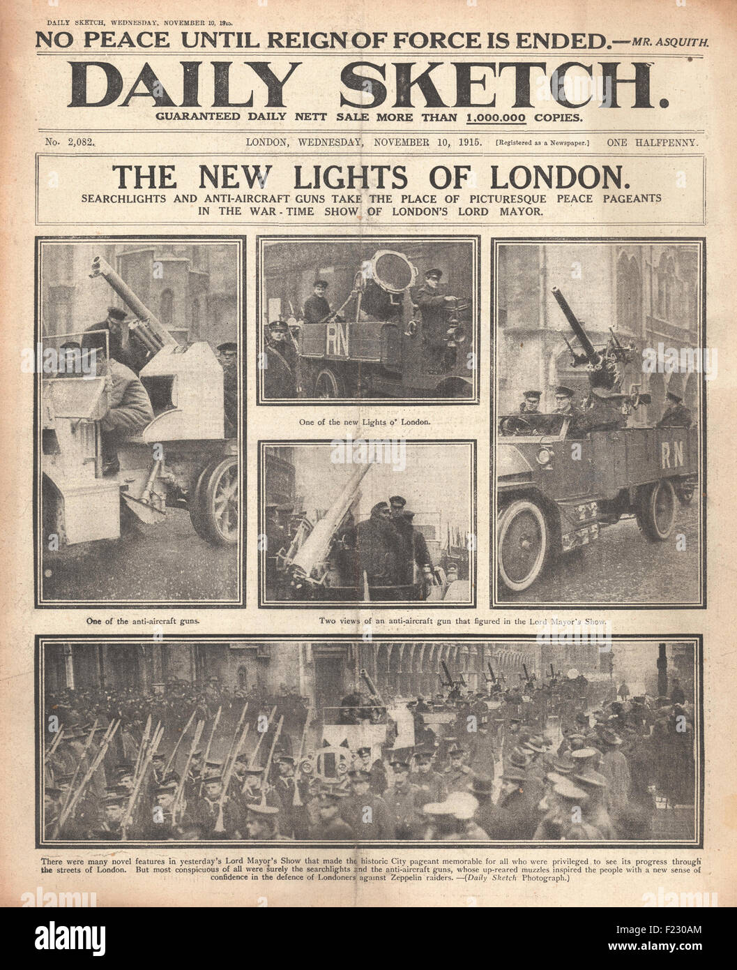 1915 Daily Sketch Suchscheinwerfer und Flak Guns in London Stockfoto