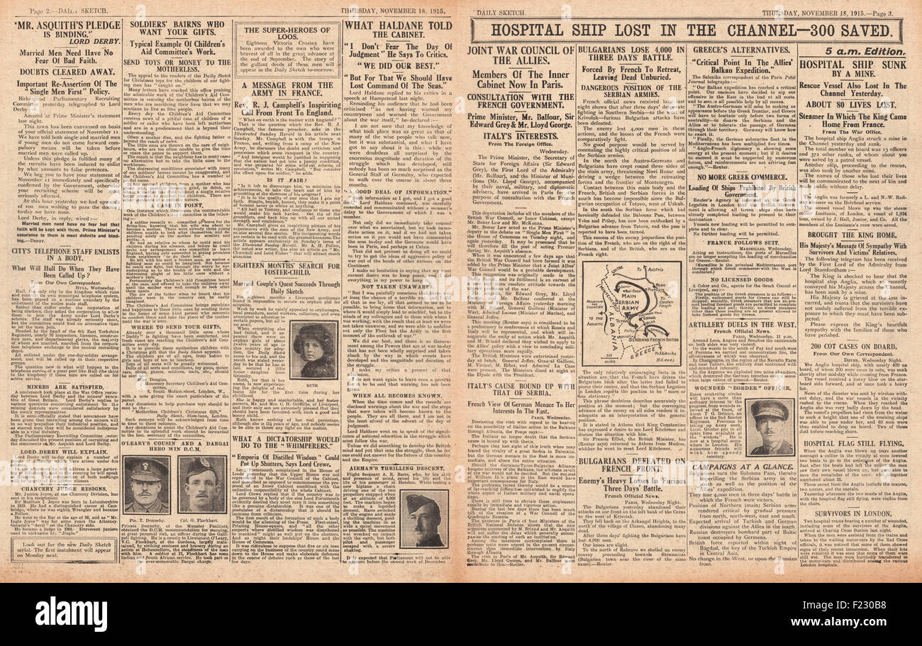 1915 Daily Sketch Hospital Schiff Anglia sinkt im Ärmelkanal Stockfoto