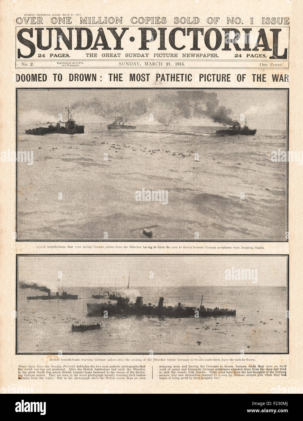 1915 Sonntag Pictoriall Royal Navy rettet Überlebende versenkter Deutscher cruiser SMS Blücher Stockfoto