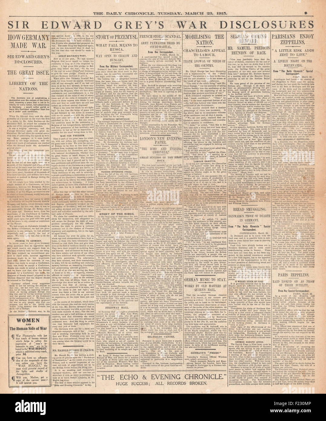 1915 Daily Chronicle Sir Edward Gray enthüllten den Krieg Stockfoto