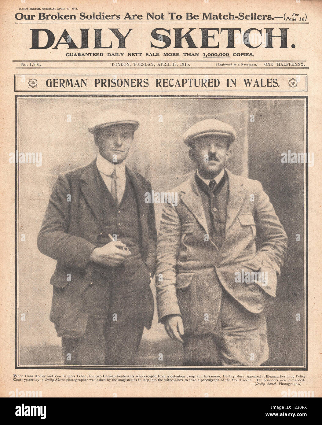 1915 Daily Sketch Deutsche Gefangene in Wales zurückerobert Stockfoto