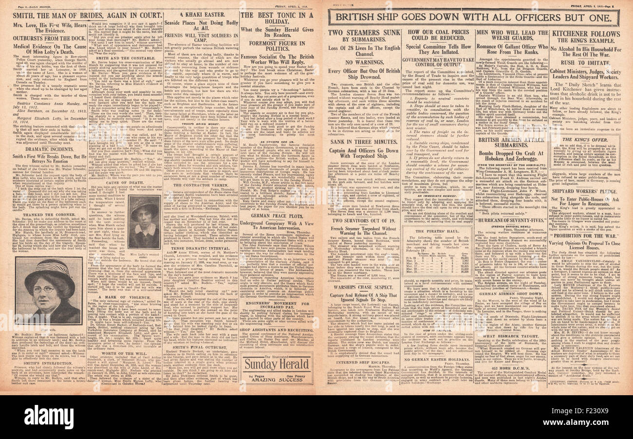 1915 Daily Sketch Französische und britische Dampfer versenkt in Englisch Kanal Stockfoto