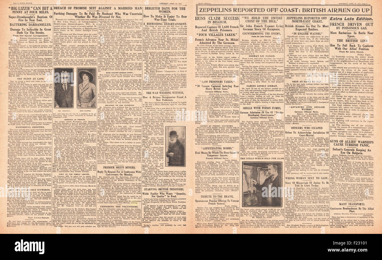 1915 Daily Sketch Zeppeline vor der Nordostküste Stockfoto