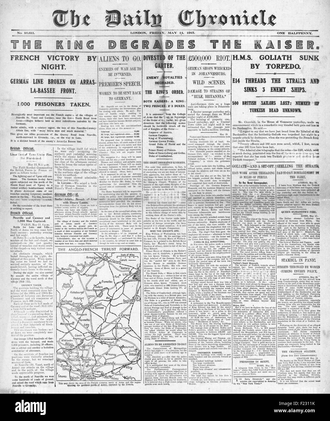 1915 Daily Chronicle König George V entfernt deutsche Namen aus Orden des Gewaners Stockfoto