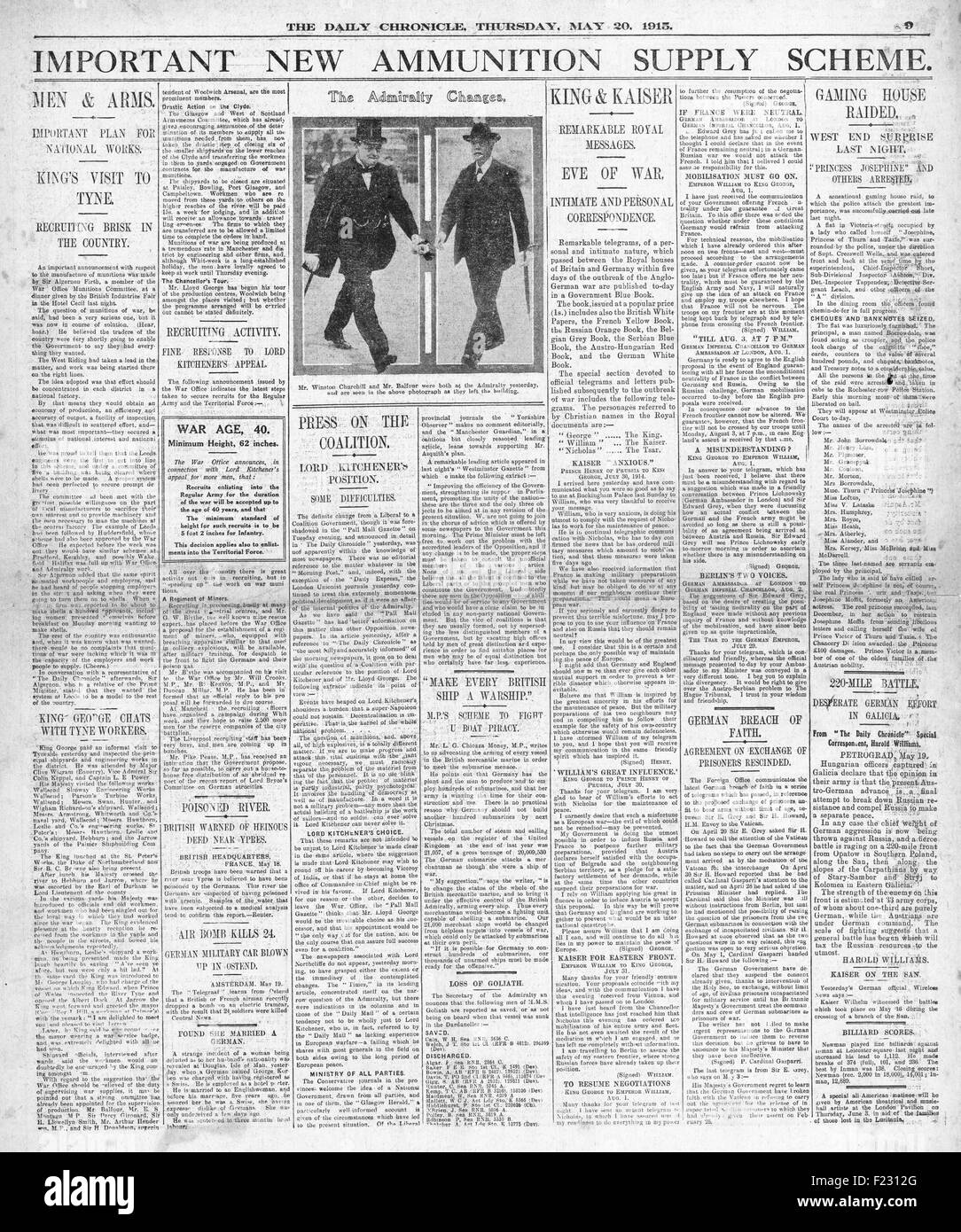 1915 Daily Chronicle Regierung kündigt neue Munitionsversorgung Schema Stockfoto