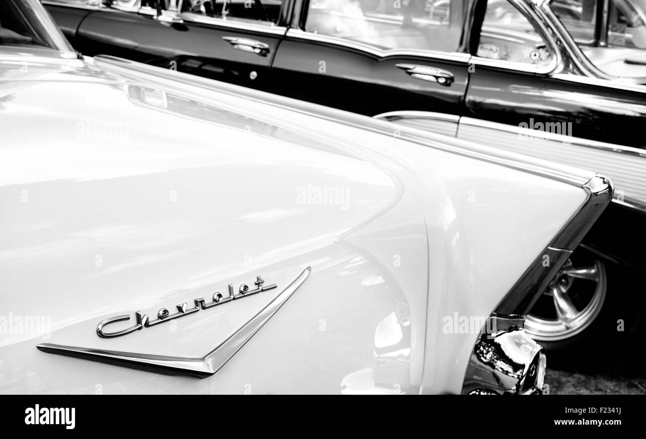 1957 Chevrolet Bel Air. Chevy. Classic American Auto. Schwarz und Weiß Stockfoto