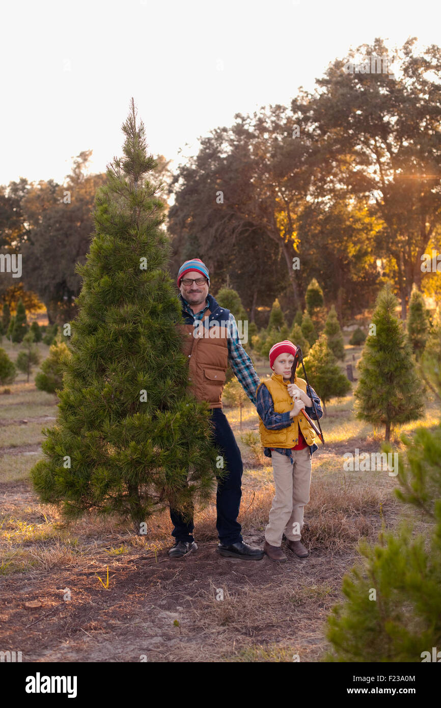 Vater und Sohn stehen mit einem Weihnachtsbaum haben sie nur an eine Baumschule geschnitten. Stockfoto