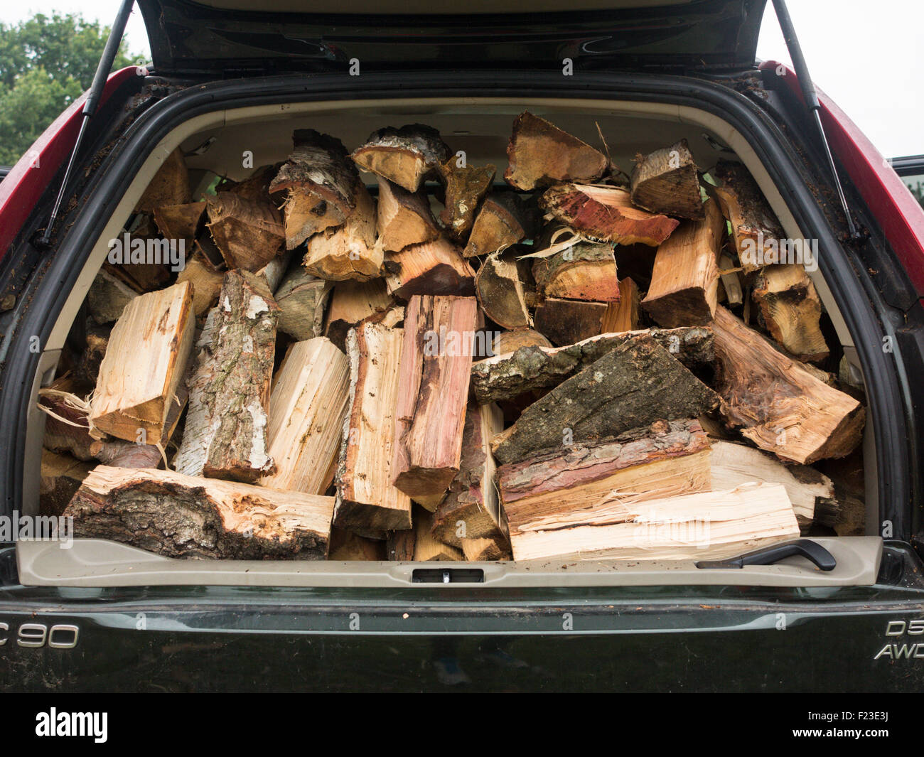 Holz als Brennstoff in einem Feuer in einem Auto in Vorbereitung für einen kalten Winter geladen Stockfoto
