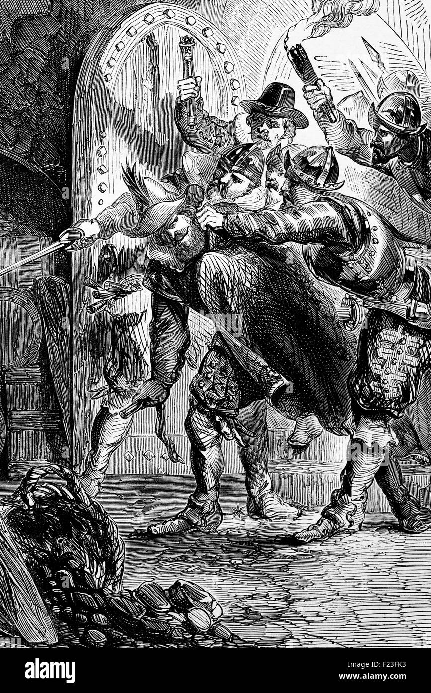 Die Verhaftung von Guy Fawkes (1570-1606) am 5. November 1605, für seinen Teil, als ein Mitglied einer Gruppe von provinziellen englischen Katholiken, die fehlgeschlagenen Gunpowder Plot zu sprengen den englischen Houses of Parliament geplant. Stockfoto