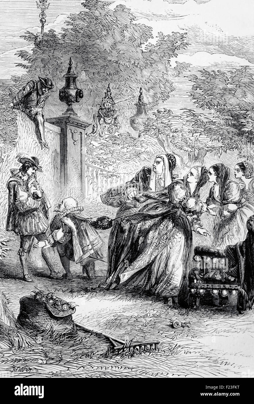 Prinz Charles und James es Liebling, George Villiers, 1. Herzog von Buckingham, überraschen Sie Maria Anna in einem Obstgarten in Madrid am 17. Februar 1623 zum Erstaunen der Infantin und König Philip IV von Spanien. Stockfoto