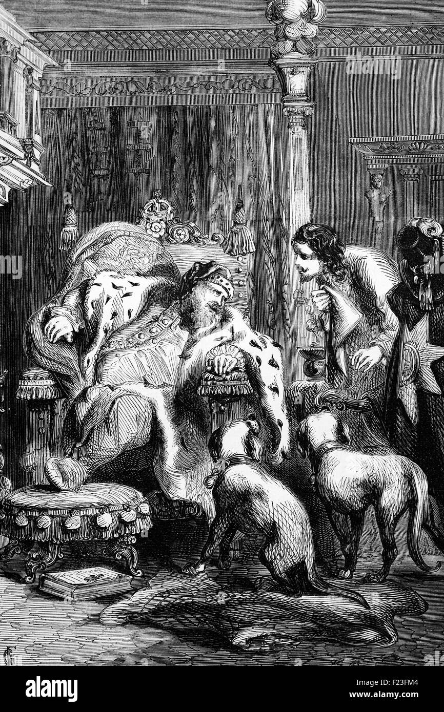 Im Jahre 1625 nach erleiden schwere Angriffe von Arthritis passt Gicht und Ohnmacht, König James I hatte einen Schlaganfall und starb am 27 März während eines tätlichen Angriffs der Ruhr, mit Lord Buckingham an seinem Bett. Stockfoto