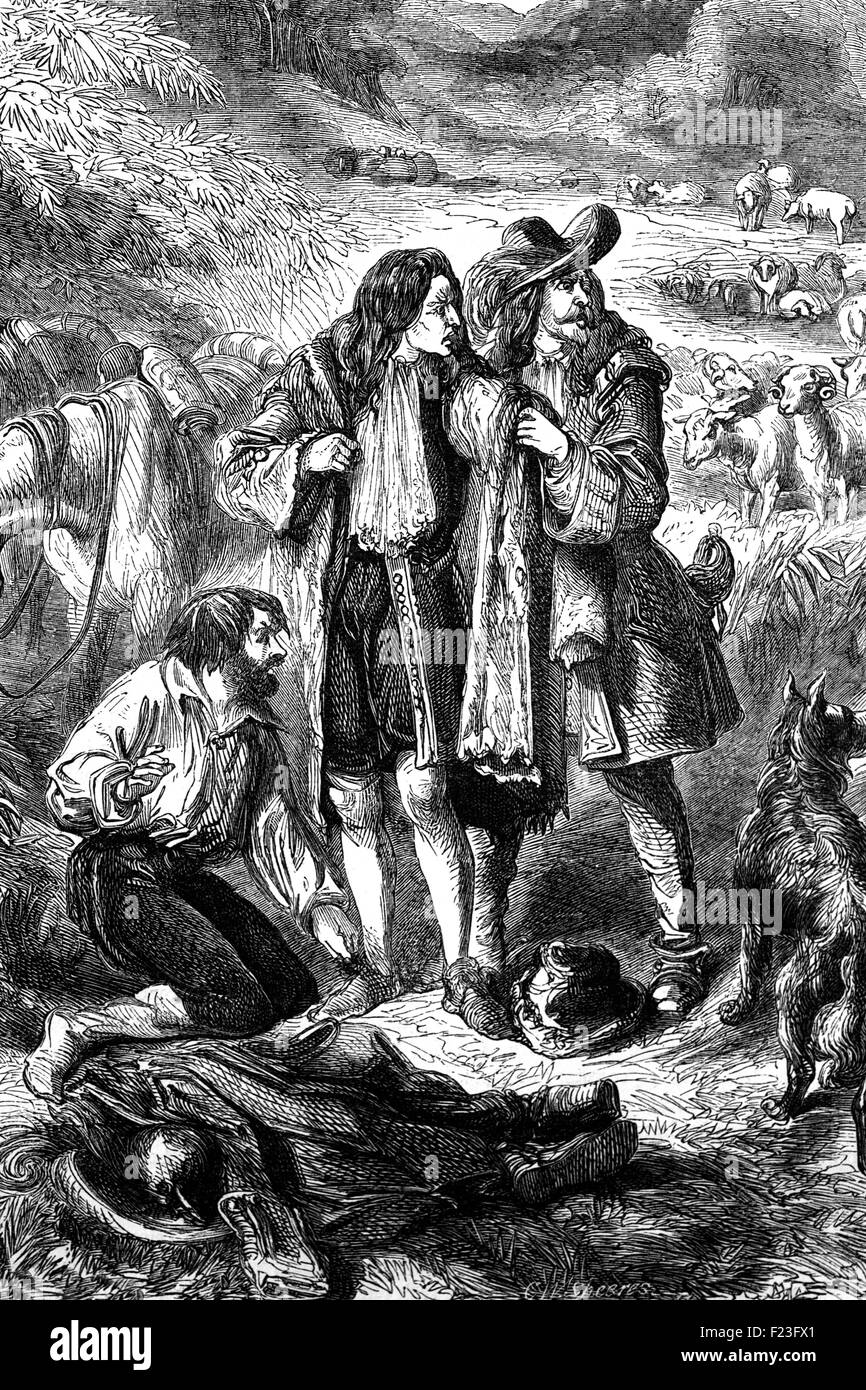 Herrn Monmouth Austausch von Kleidung mit einem Hirten, der nach seiner Niederlage bei der Schlacht von Sedgemoor nahe Bridgewater in Somerset am 6. Juli 1685. Es war die letzte klare Feldschlacht auf Freiland zwischen zwei militärischen Kräften kämpften auf englischem Boden. Stockfoto