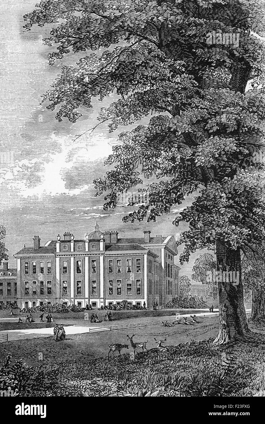 Die ursprüngliche frühen 17. Jahrhundert Kensington Palace in den Royal Borough of Kensington und Chelsea in London, England. Es wurde von König William III als Residenz in der Nähe von London übernommen. In den nächsten 70 Jahren wurde die bevorzugte Residenz des britischen Monarchen. Stockfoto