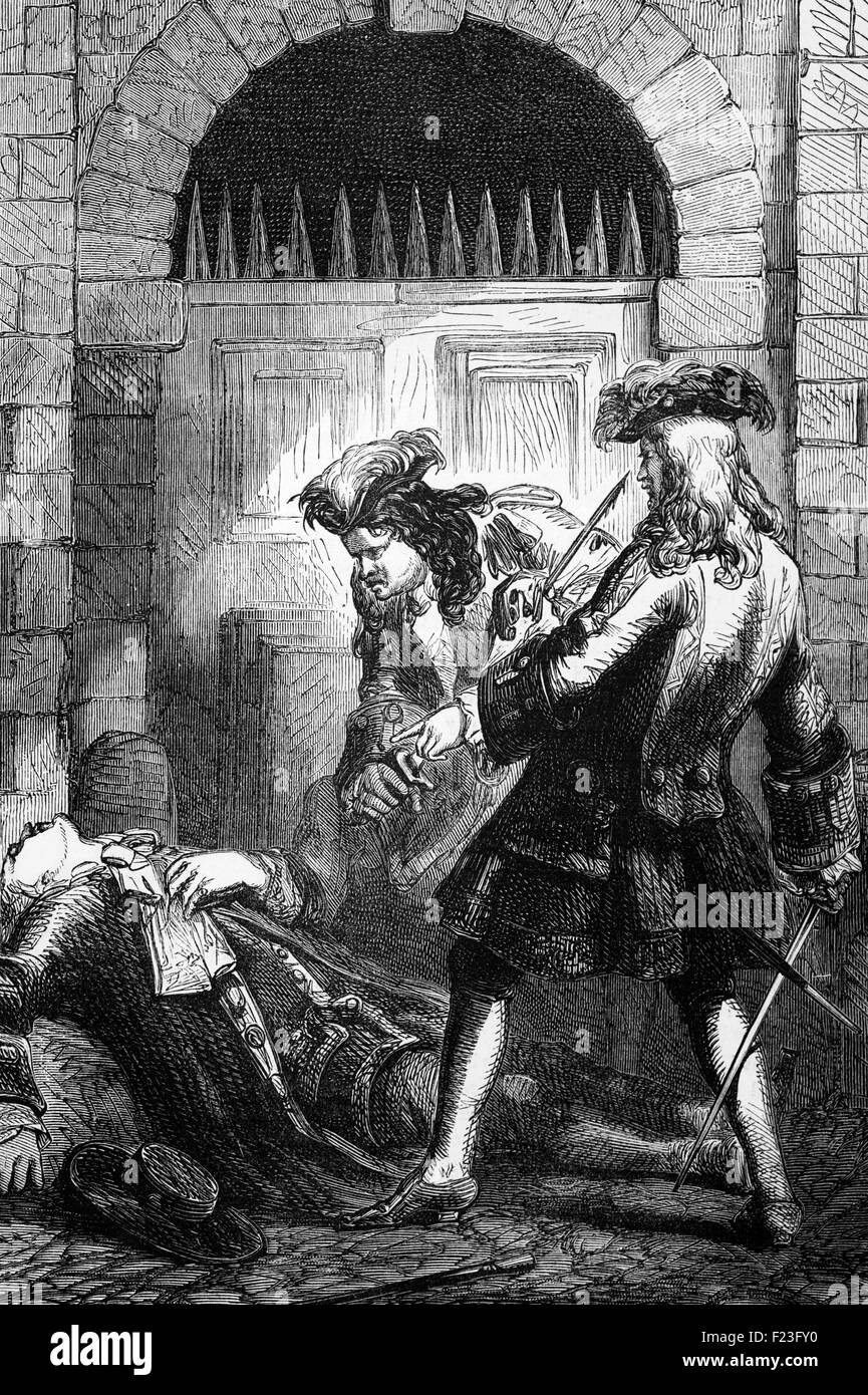 Wegen Eifersucht über eine Frau einen Hinterhalt Kapitän Richard Hill und Charles Mohun, 4. Baron Mohun, William Mountfort Schauspieler und dramatische Schriftsteller in der Howard Street, Strand, London am 9. Dezember 1692.  Während des Kampfes war Mountfort erstochen in der Brust durch Hügel und starb an seinen Wunden am folgenden Tag. Stockfoto