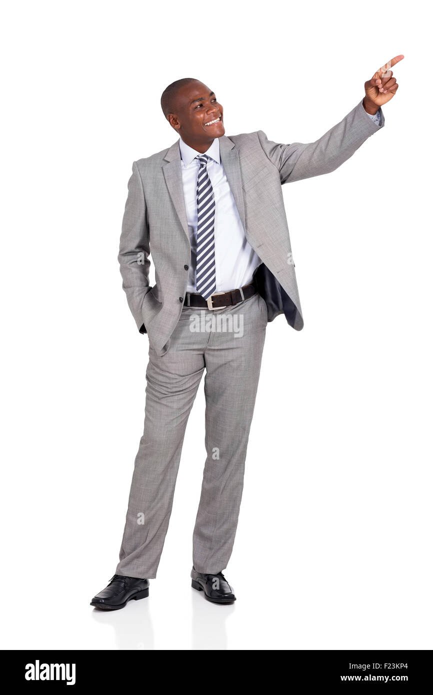 fröhlichen afrikanischen Geschäftsmann zeigte auf leere Textfreiraum Stockfoto