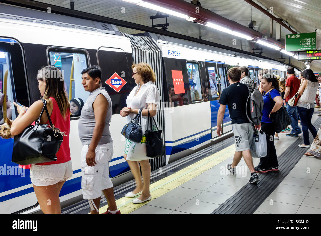 Madrid Spanien, Hispanic Centro, Vodafone Sol Metro Station, U-Bahn, Zug, Bahnsteig, Fahrer, Fahrgäste, Fahrgäste, Fahrer, hispanischer Mann, Männer, Frau FEM Stockfoto