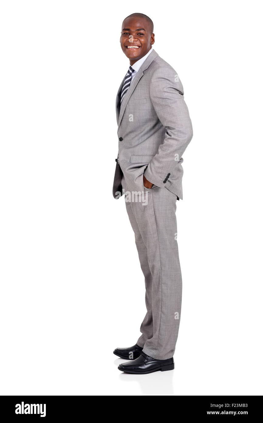 Seitenansicht der glücklich afrikanische amerikanische Geschäftsmann auf weißem Hintergrund Stockfoto