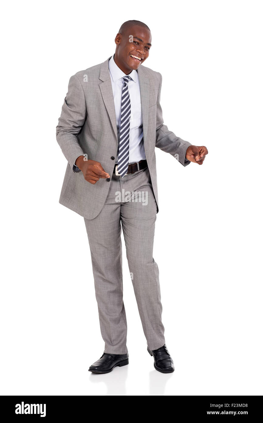 fröhliche afrikanische amerikanische Geschäftsmann tanzen isolierten auf weißen Hintergrund Stockfoto