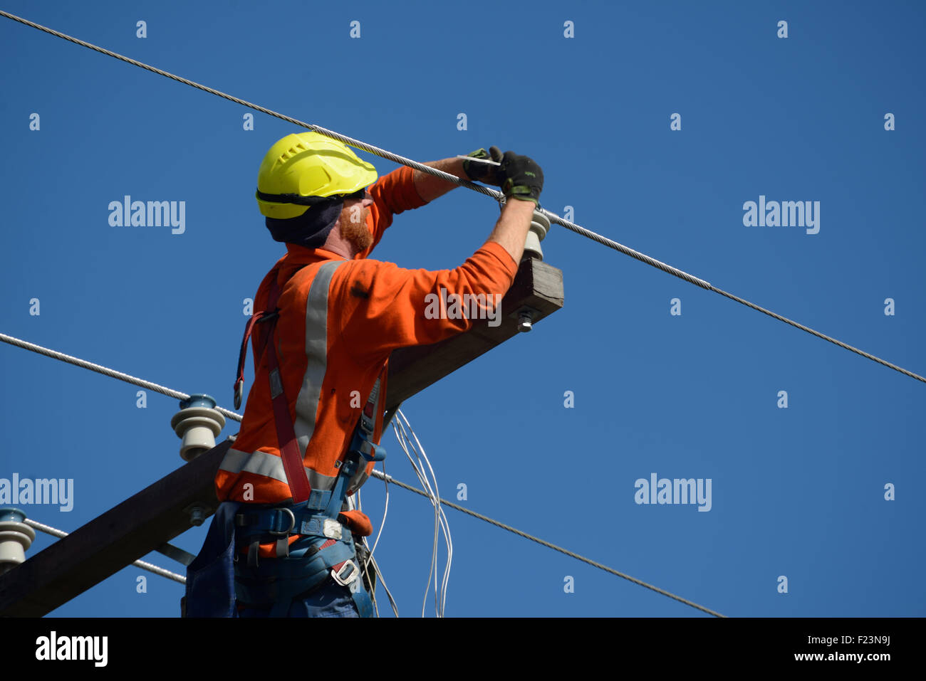 Ein Linienrichter Drähte oben ein Netz Stromversorgungskabel auf einen neuen Pfosten Stockfoto
