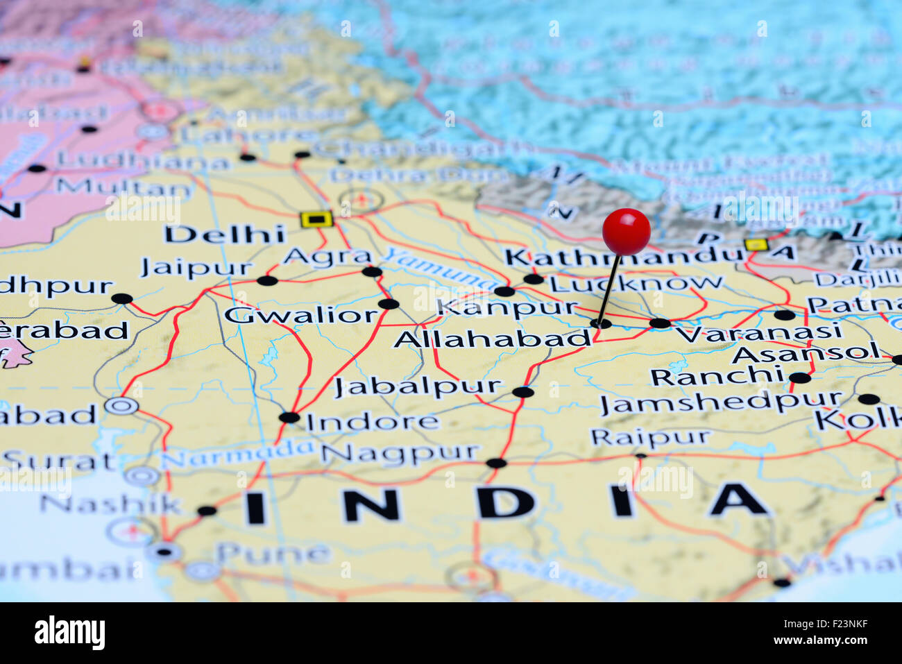 Allahabad, fixiert auf einer Karte von Asien Stockfoto