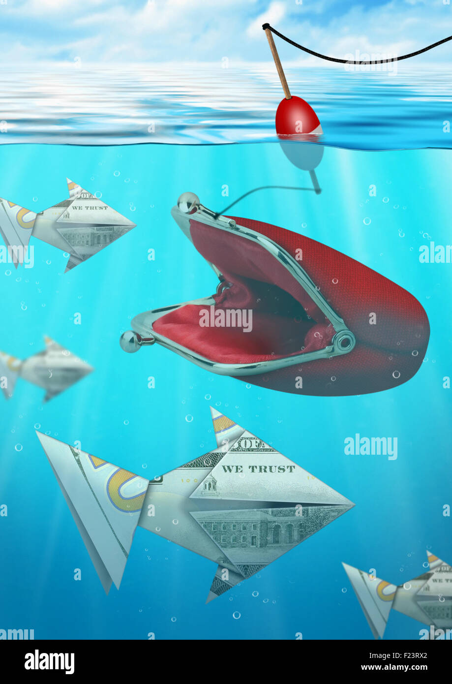Kreative Geschäftsidee Geld Fischfang mit Geldbörse Stockfoto