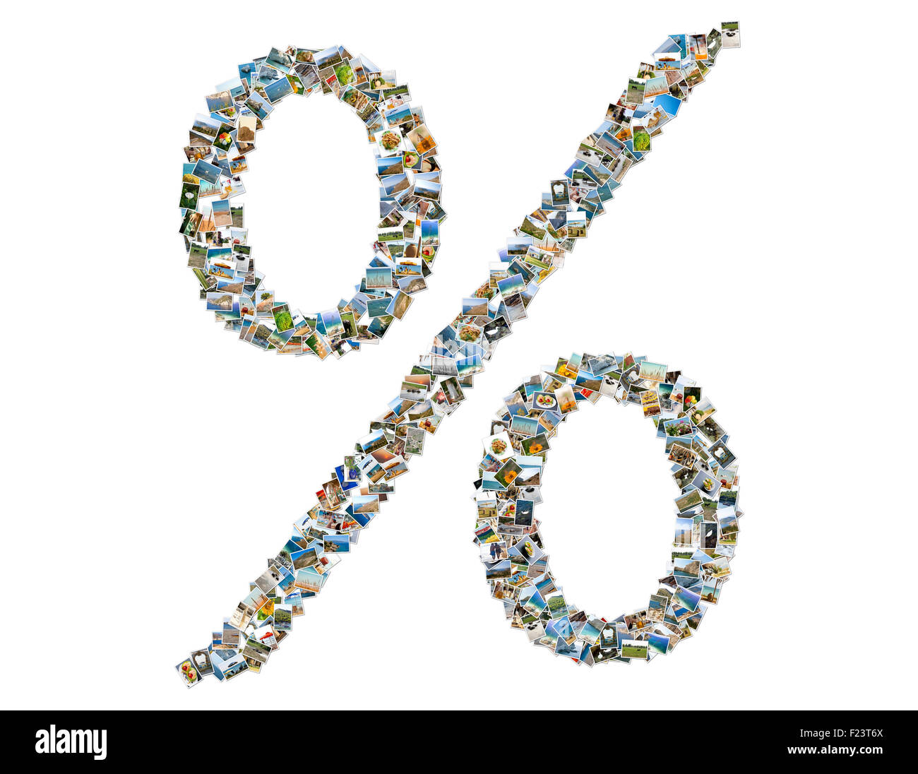 Prozentsatz-Symbol, Foto-Collage, die isoliert auf weißem Hintergrund Stockfoto