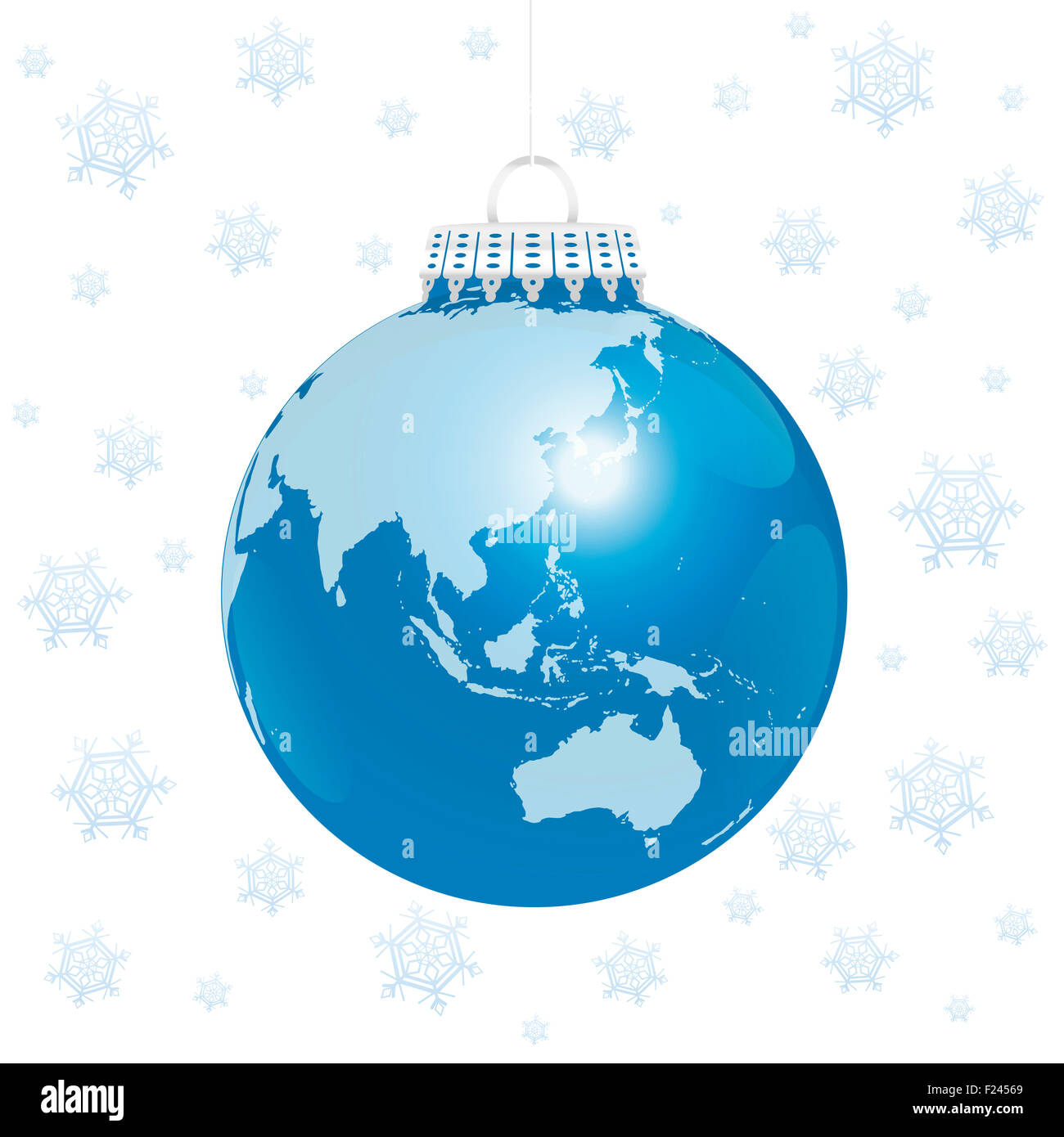 Christbaum Kugel - blauen Planetenerde - asiatischen und australischen Kontinenten - mit Schnee Flocken Hintergrund. Stockfoto