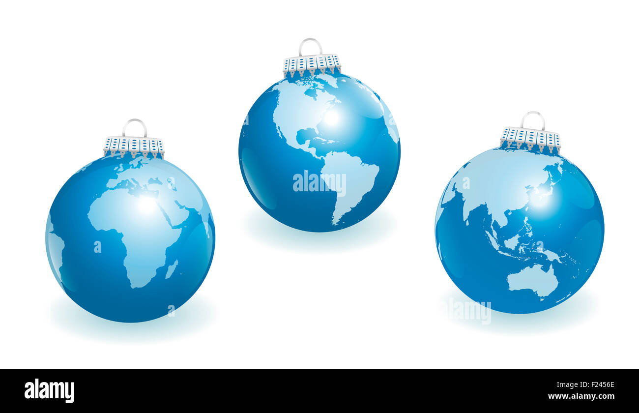 Blaue Christbaumkugeln mit drei verschiedenen Winkeln der Welt. Dreidimensionale Darstellung auf weißem Hintergrund. Stockfoto