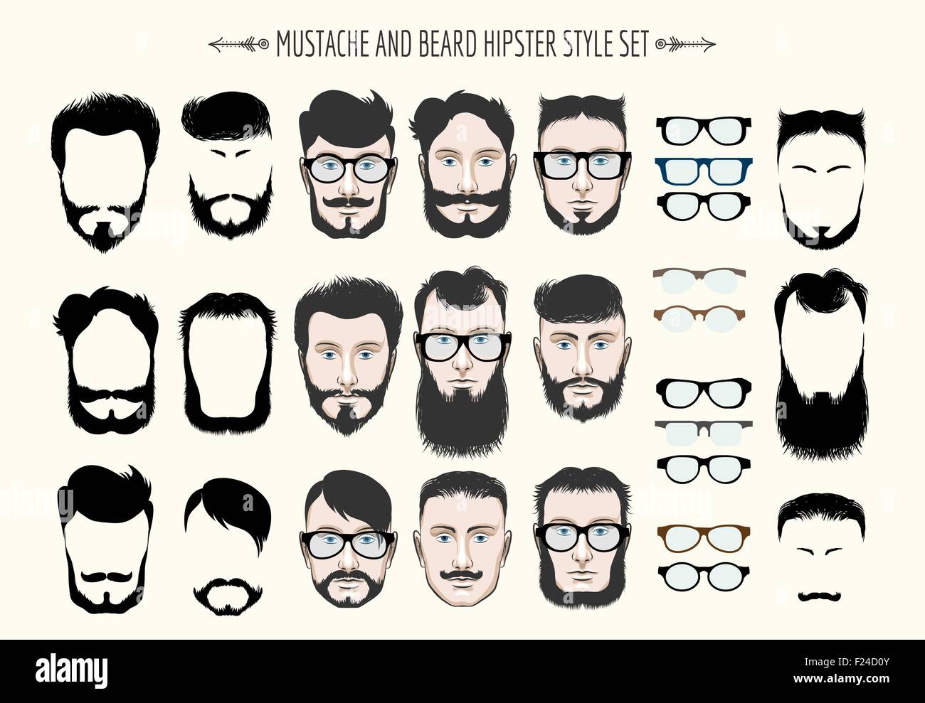 Hipster-Schnurrbart und Bart-Mode-Silhouette. Eingestellt von neun verschiedenen Stilen. Isoliert auf hellem Grund. Stock Vektor