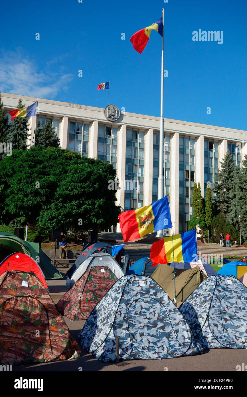 Lager der Demonstranten vor der Regierung, Anti-Korruptions-Protest im September 2015, Chisinau, Moldawien Stockfoto