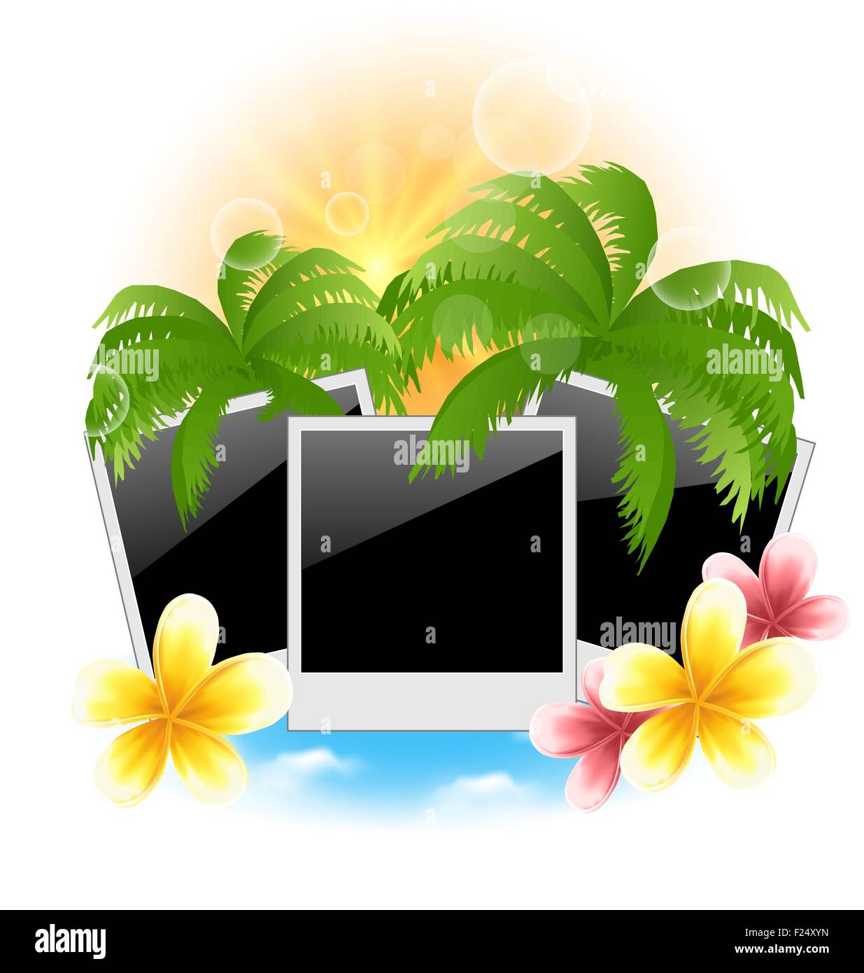 Set Bilderrahmen mit Palmen, Blumen Frangipani, Seestück Hinterg Stock Vektor