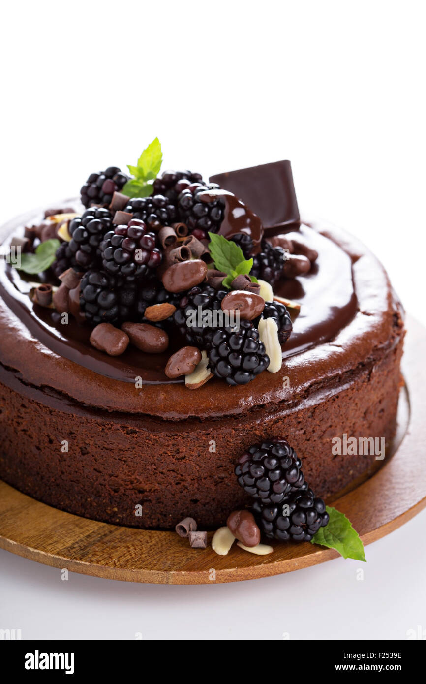 Schokoladen-Käsekuchen mit Brombeeren isoliert auf weißem Hintergrund ...