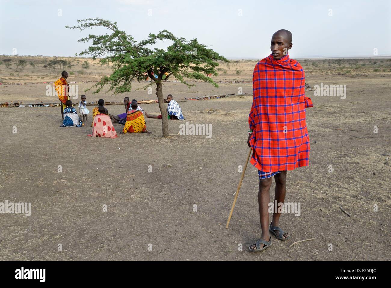Kenia, Masai Mara Reserve, Maasai Dorfvorsteher und Gruppe von Frauen im Schatten unter einem Baum sitzend Stockfoto