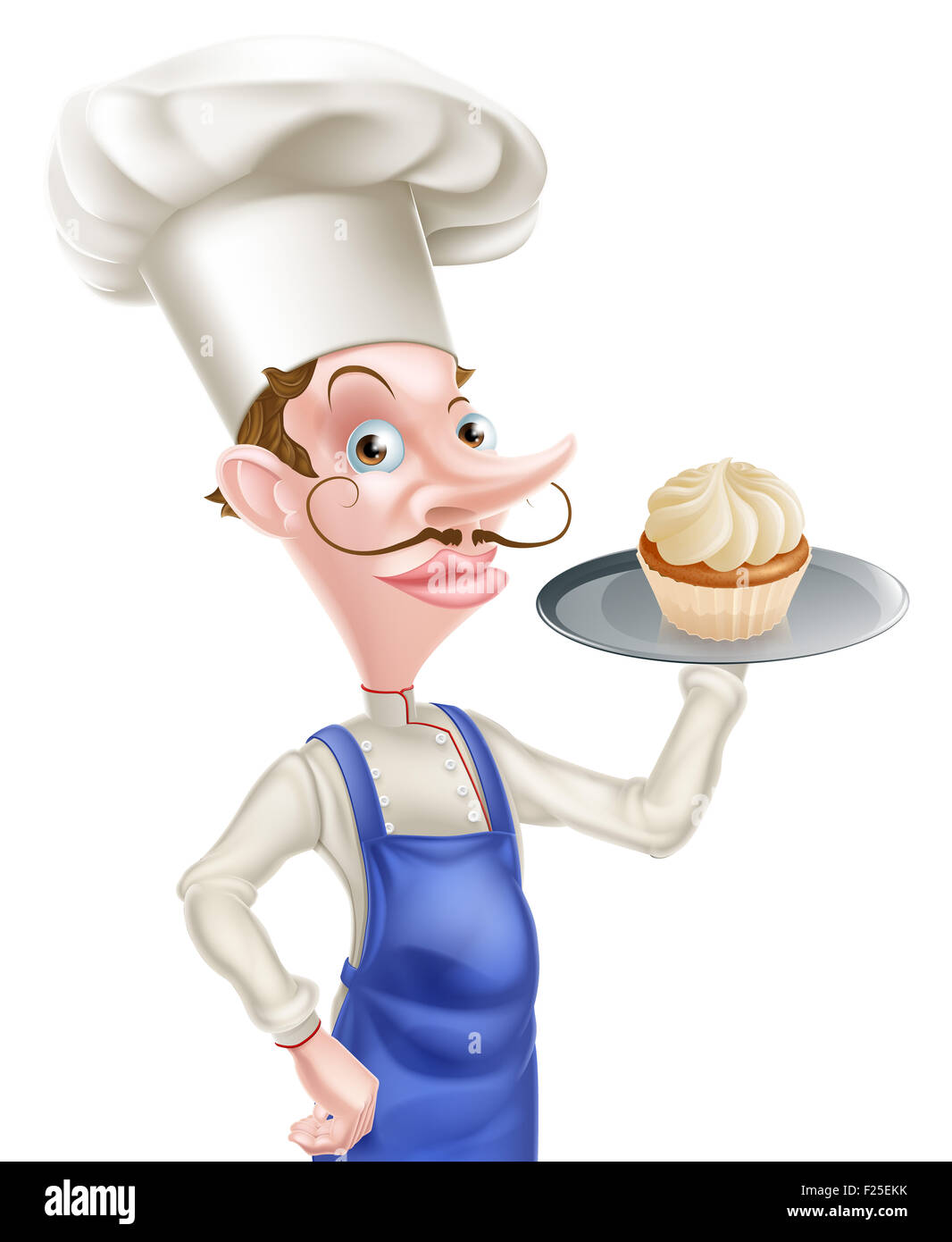 Ein Beispiel für eine Karikatur Koch oder Bäcker ein Tablett mit einem Cupcake festhalten Stockfoto