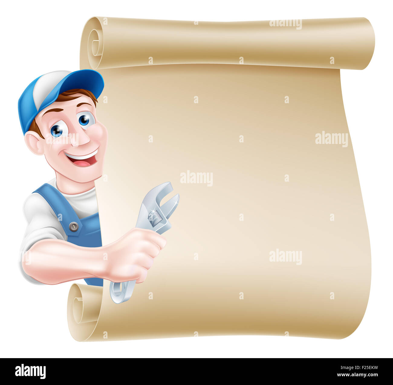 Cartoon Klempner oder Auto Reparatur Mechanikerservice Handwerker Arbeiter Mann mit einem Schraubenschlüssel Scroll-Schild Stockfoto