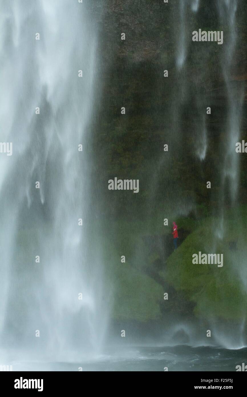 Island, South Coast, Passanten, die hinter dem Wasserfall Seljalandsfoss Stockfoto