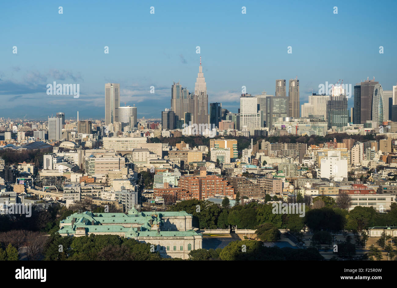 Luftbild mit Akasaka Estate (Tōgu-Palast) und Tokyo Wolkenkratzer in Nishi-Shinjuku Bezirk (NTT Docomo Yoyogi Gebäude, Toky Stockfoto