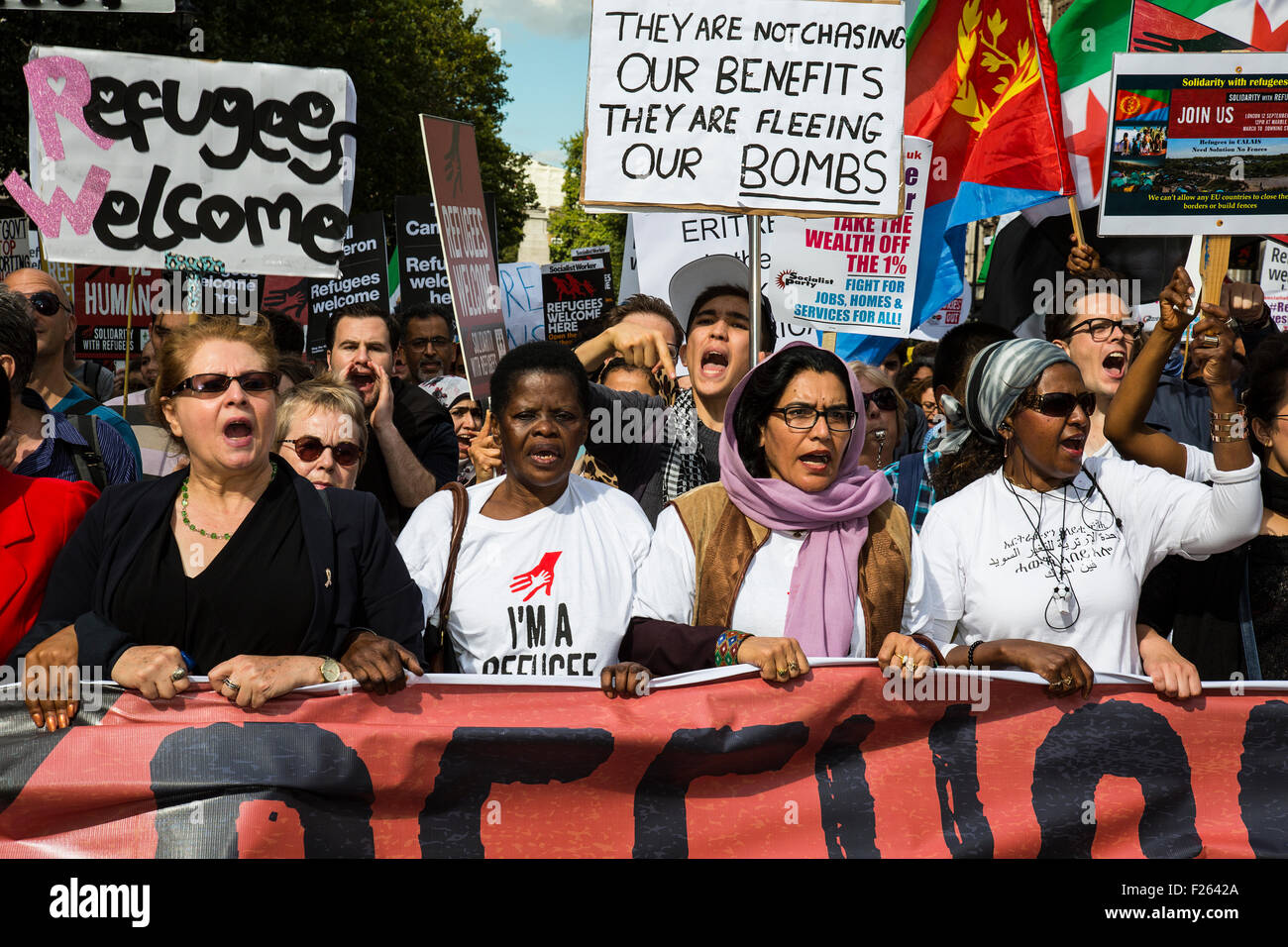 London, UK. 12. Sep, 2015. Tausende marschierten im Zentrum von London erklärte, dass Flüchtlinge willkommen im Vereinigten Königreich sind.  London, UK. 12. September 2015. Bildnachweis: Redorbital Fotografie/Alamy Live-Nachrichten Stockfoto