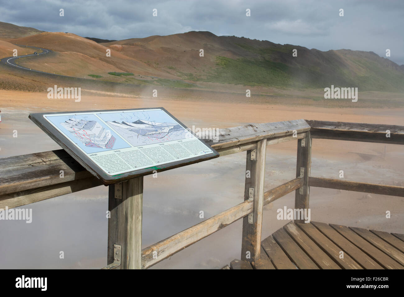 Island, Nordosten Islands Namaskard. Namafjall (aka Hverir) Aussichtsplattform mit Blick auf geothermischen Feldern. Stockfoto