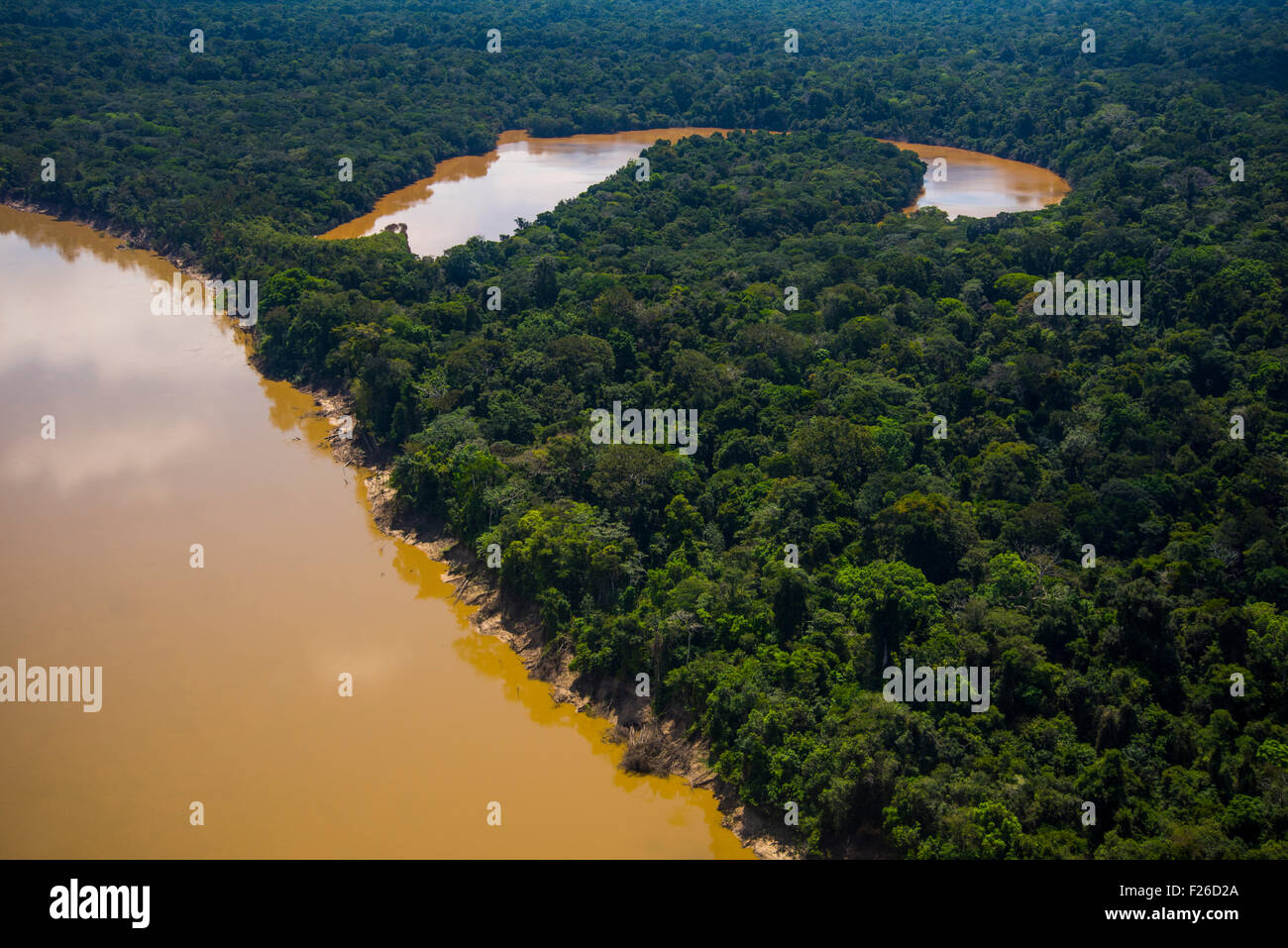 Regenwald-Antenne, Yavari Fluss und Oxbow See und Amazonas Urwald, Peru Stockfoto